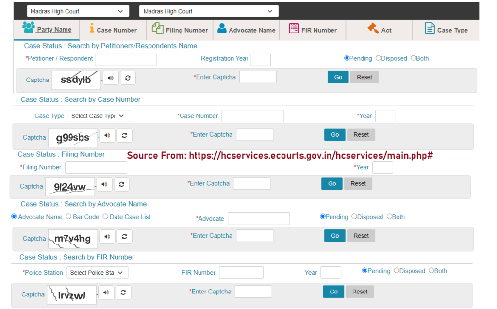 Madras High Court Case Status by Case Number wise hcmadras tn nic in